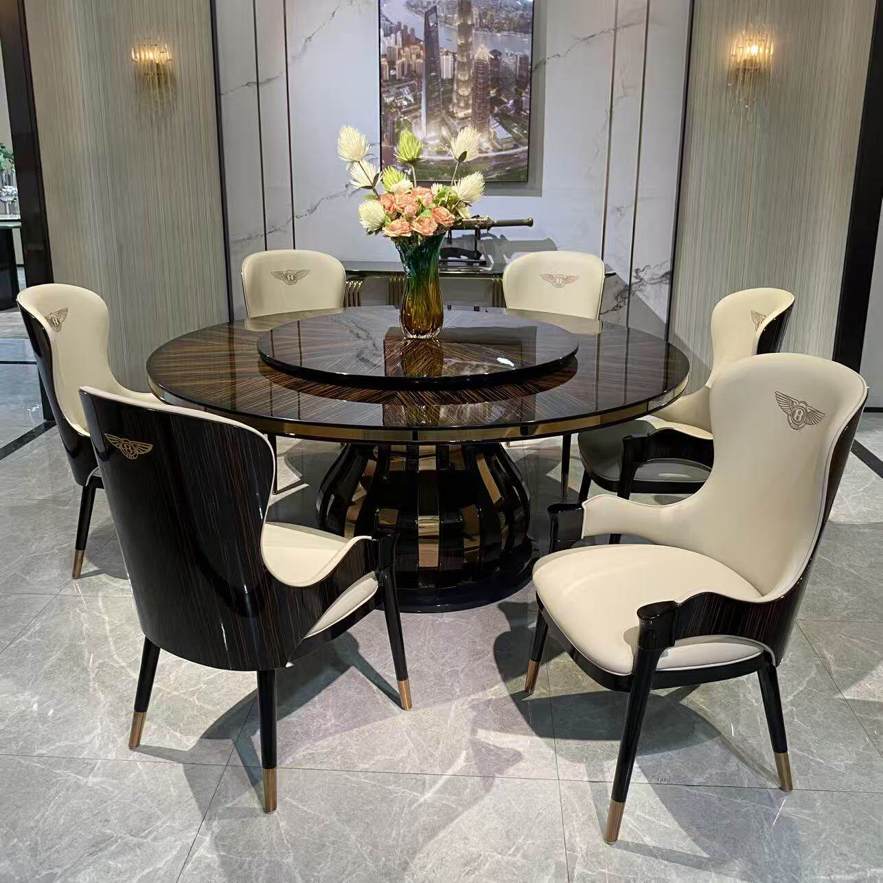 意式轻奢高档家用圆形榉木烤漆别墅豪宅餐厅餐桌高端订制实木圆桌