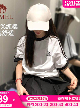 骆驼夏日T恤女冰感复古潮牌原创圆领休闲宽松白色上衣运动短袖t男