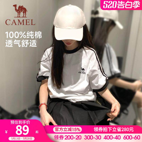 骆驼夏日T恤女冰感复古潮牌原创圆领休闲宽松白色上衣运动短袖t男