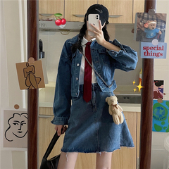Real photo 2021 spring new short jacket Korean version net red denim suit two piece skirt