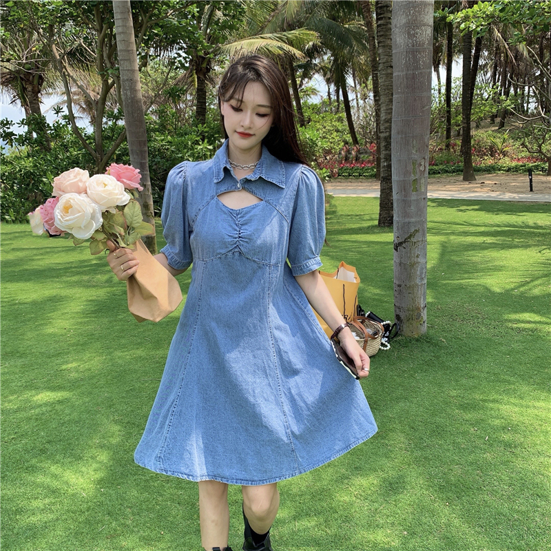 Real photo 2021 summer new style elegant Lapel chest hollow waist denim dress