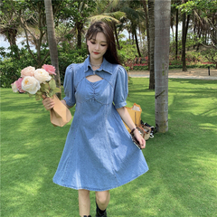 Real photo 2021 summer new style elegant Lapel chest hollow waist denim dress
