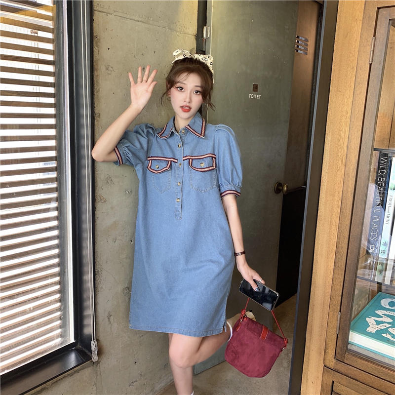 Photo 2021 new loose and thin contrast ribbon polo collar denim dress