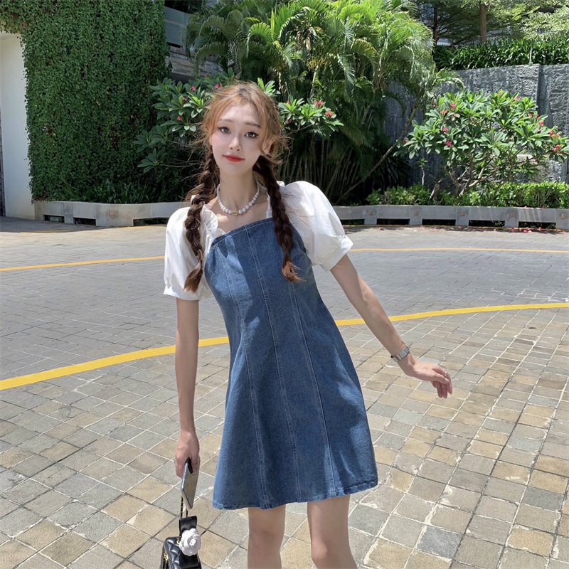 Real photo 2021 summer new stitching fake two piece denim dress thin small A-line skirt