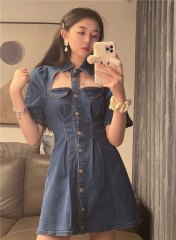 Real shot summer new design feeling hollowed out careful machine close waist show thin denim skirt A-line dress
