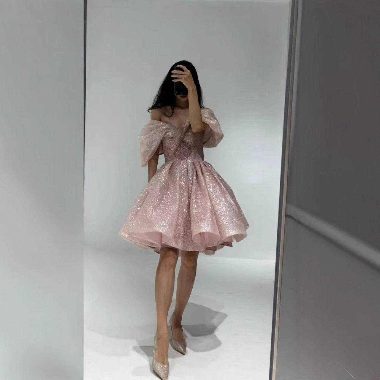 9a新款法式轻奢公主蓬蓬裙女粉色亮片一字肩气质短款生日宴会礼服