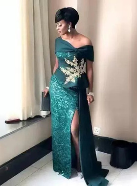 35A欧美外贸女蓝色高级感鱼尾高端宴会气质主持单露肩连衣裙晚礼