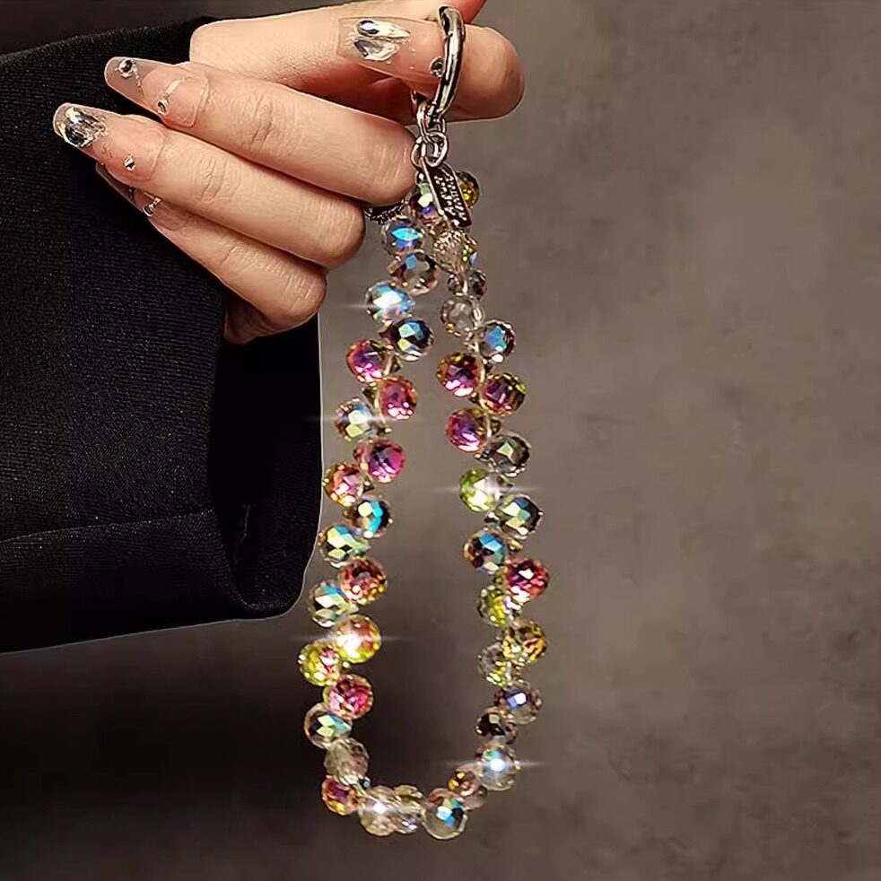 奢华高级感水晶珠子手提链条手腕短挂绳带夹片壳钥匙扣挂件潮ins