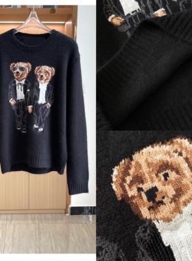 R双熊提花 老钱风羊毛针织衫 男女同款圆领上衣 经典重工00209