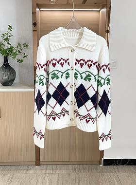 鄂 元厂纱KV~S 厚实圣诞 菱格提花羊绒针织开衫 00888