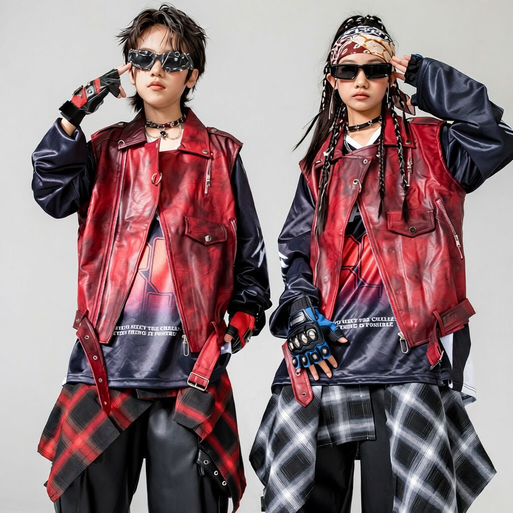 街舞儿童潮服架子鼓演出服男女童新款嘻哈痞帅风红色皮衣马甲套装