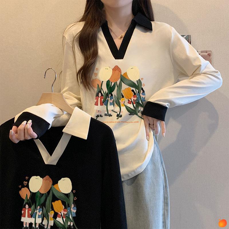 新款正肩t恤大码女装春秋长袖打底衫微胖mm遮肉显瘦Polo领上衣服