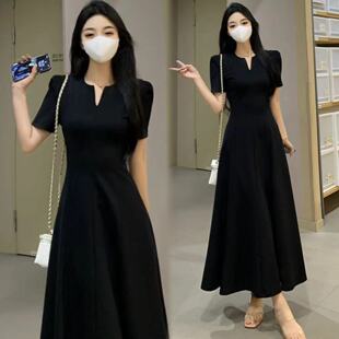 连衣裙夏季 正肩小V领黑色短袖 高级感收腰显瘦长裙子 胖mm法式 大码
