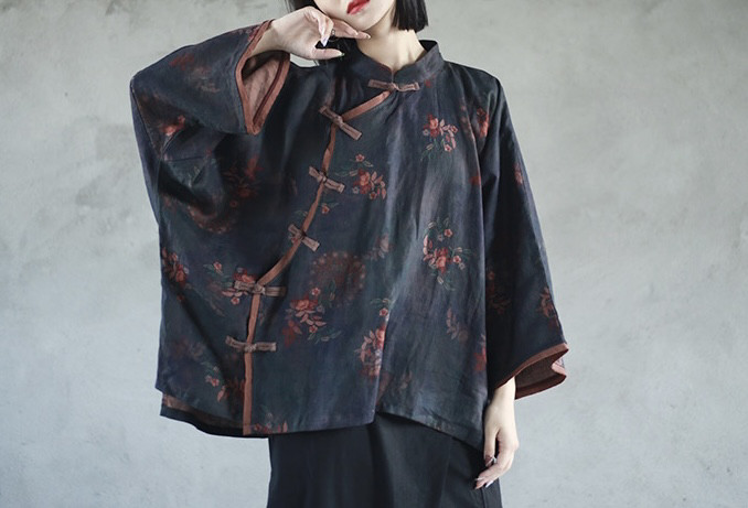 印花宽松蝙蝠袖斜襟立领亚麻茶服
