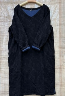 棉麻提花保暖棉裙文艺v领宽松夹棉袍子复古气质黑色显瘦连衣裙