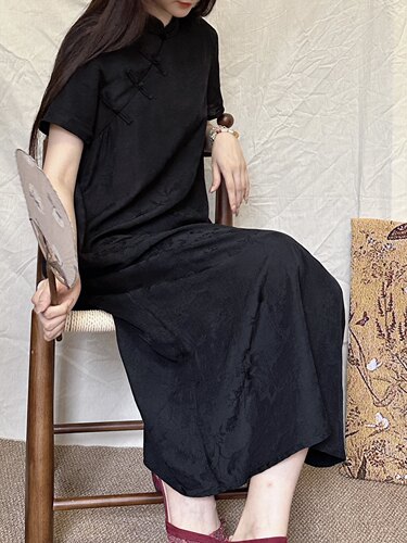 文艺盘扣连衣裙中式立领宽松显瘦黑色长裙国风提花连身裙子女