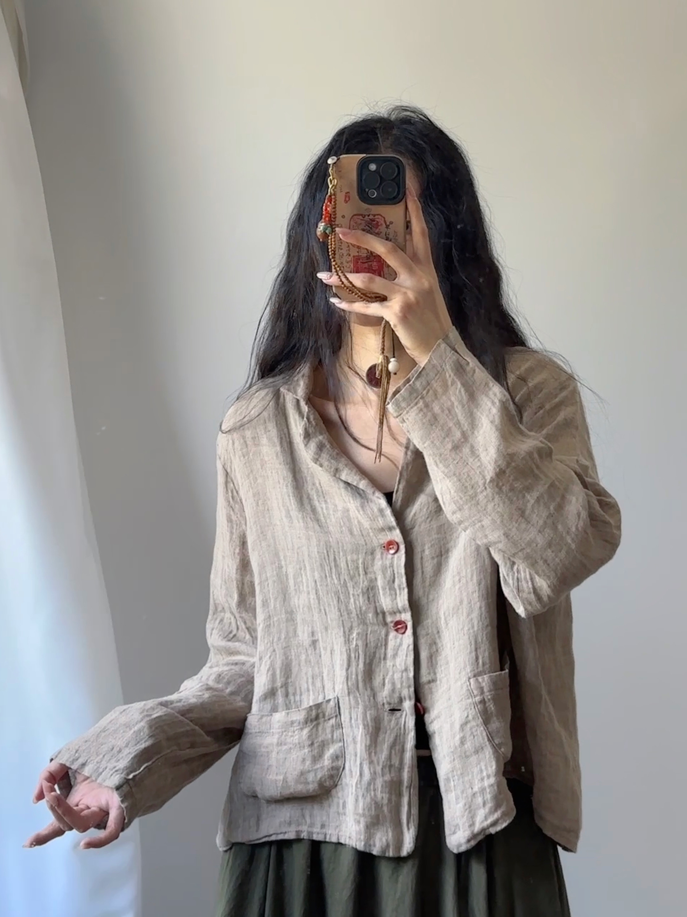 慵懒水洗亚麻短款小外套个性显瘦百搭纯色衬衫设计感文艺春秋外套