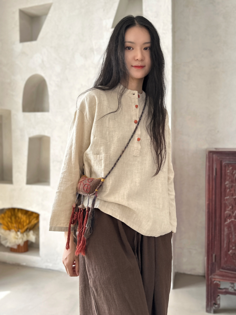 棉麻立领撞色盘扣上衣套头禅意休闲女式衬衫麻色秋季百搭茶服女装
