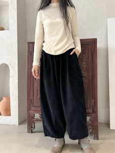 灯芯绒松紧腰阔腿裤女秋冬显瘦休闲九分裤子百搭老爹裤宽松灯笼裤