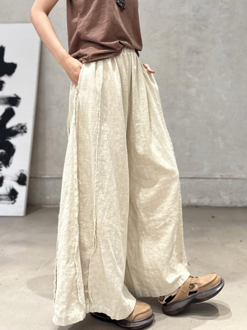 复古设计感拼接毛边大摆裤松紧腰宽松休闲长裤文艺棉麻气质阔腿裤