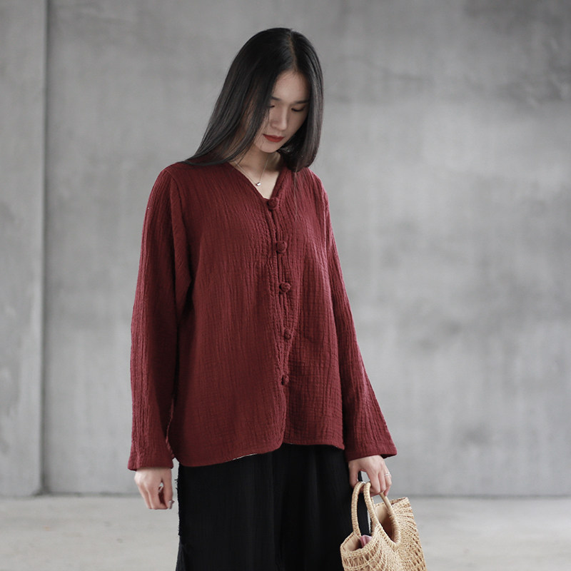 春秋女士棉麻盘扣复古衬衫百搭民族风显瘦上衣中式宽松开衫外套
