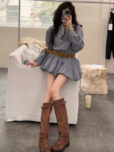 假两件格子衬衫收腰连衣裙子女 新品细格纹双领长袖短裙子