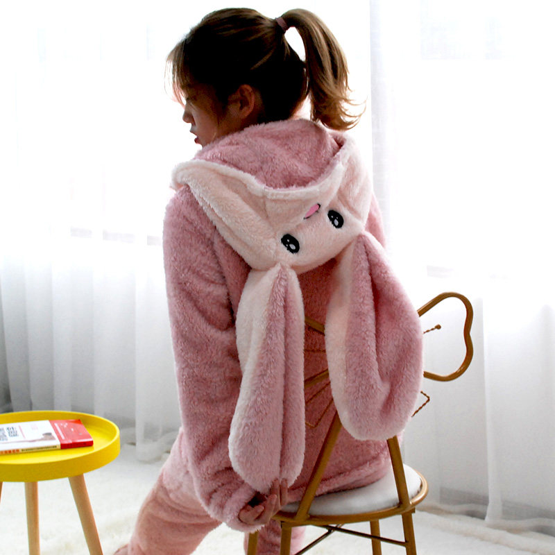 秋冬新款萌系可爱动物连体衣兔子大耳朵女睡衣珊瑚绒加厚甜美套装