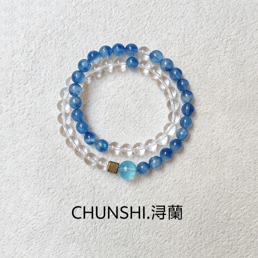 春莳原创「浔蘭」喜金水！天然白水晶蓝晶石双圈手链手串送礼饰品