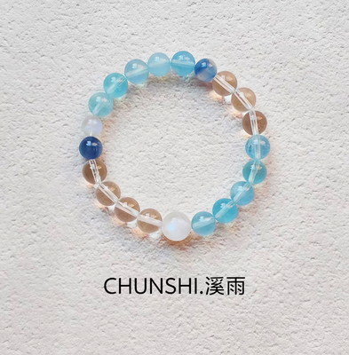 春莳原创「溪雨」清冷感！天然海蓝宝白水晶喜金水手链送女朋友女
