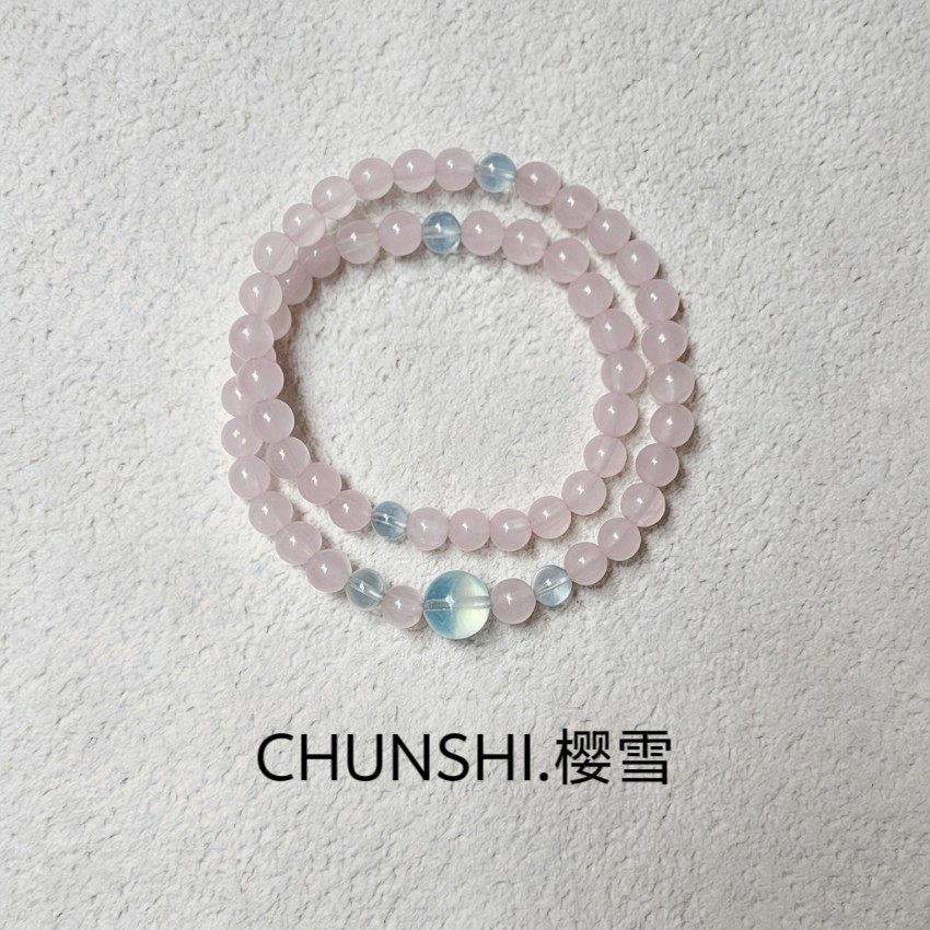 CHUNSHI&middot;原创 樱雪 天然粉水晶马粉招正桃花海蓝宝蜜蜡双圈手链