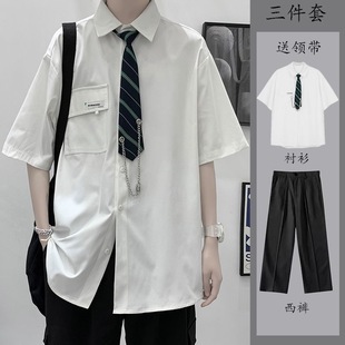 宽松2022新款 春夏季 男女短袖 男学院风班服 白色衬衫 小众DK制服衬衫