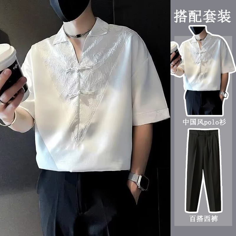 冰丝刺绣短袖衬衫潮牌翻领新中式