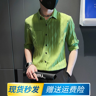 夏季绿色衬衫五分袖韩版修身中袖高级感冰丝半截袖潮牌薄款上衣男