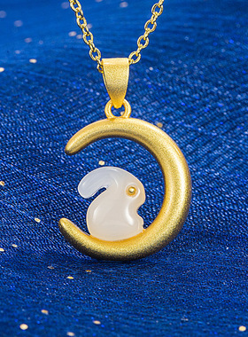 国风仿和田玉月亮兔子吊坠 时尚气质ins风玉兔女小众锁骨链项坠