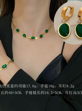 2023新款跨境钛钢复古异形祖母绿项链简约设计感小众锁骨链饰品女