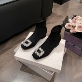 秋冬方头方扣水钻粗中跟黑色仙女百搭通勤职业短靴法式 复古瘦瘦靴
