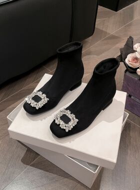 秋冬方头方扣水钻粗中跟黑色仙女百搭通勤职业短靴法式复古瘦瘦靴