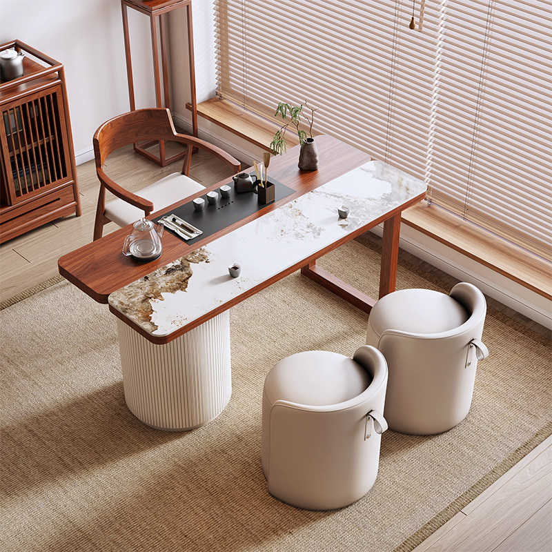 新中式实木阳台茶桌椅组合岩板家用小户型茶台功夫泡茶桌现代简约