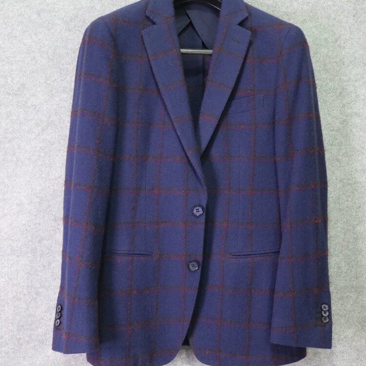 蓝豹/男士蓝色商务格纹休闲西服 新款超修身秋冬厚款羊毛单西