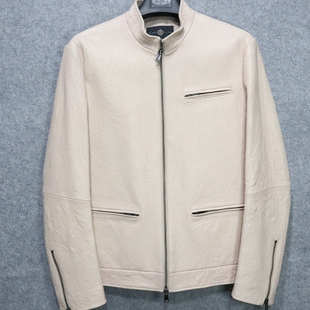 春秋 短款 修身 蓝豹 50码 米黄色荔枝纹皮衣 绵羊皮革 男士