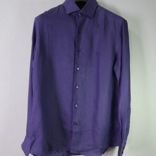 衬衫 修身 版 蓝豹 42码 深蓝色商务休闲舒适亚麻面料长袖 男士