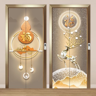 北欧金色轻奢麓鹿电梯门贴纸装饰贴画整张自粘入户门壁纸电梯贴纸