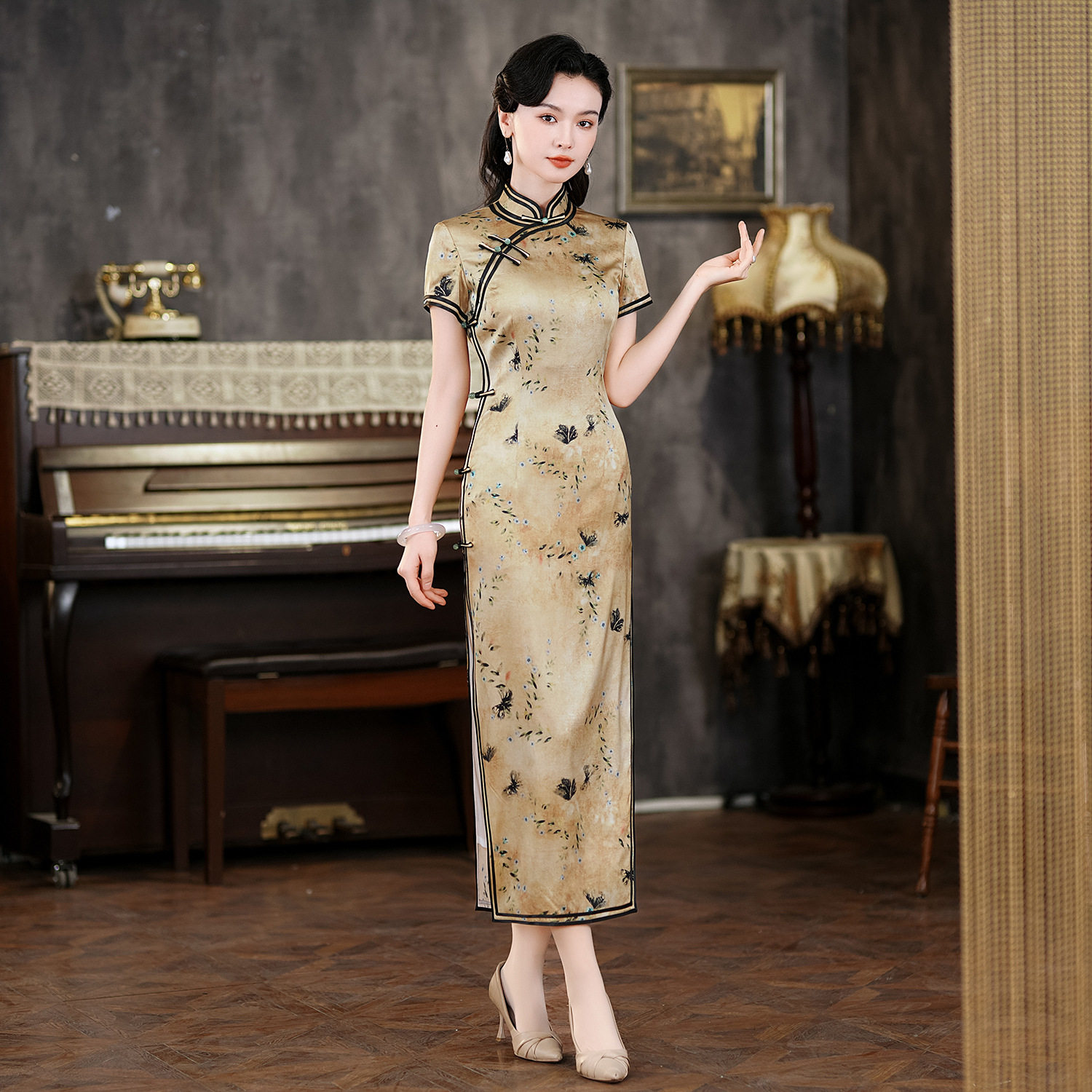 中式国风印花真丝旗袍礼服送考