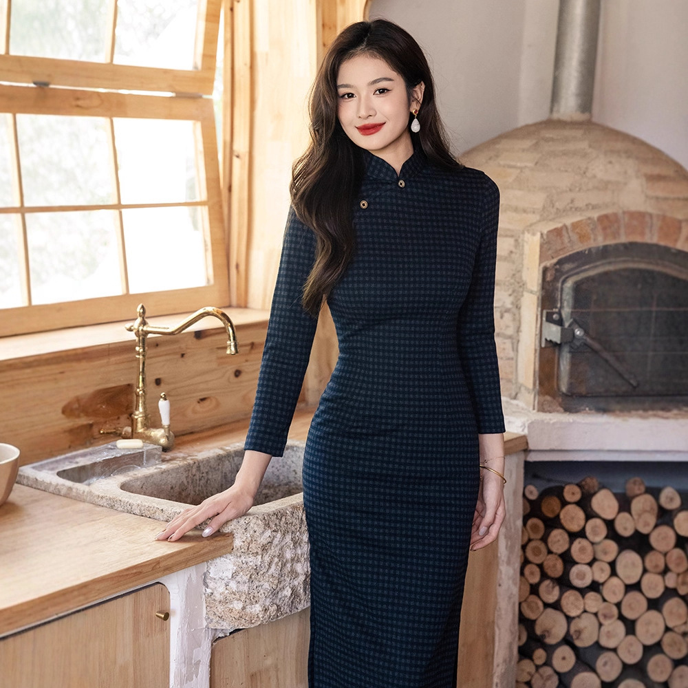 2025秋装新款 民国风复古千鸟格长袖改良长款旗袍裙子连衣裙外套