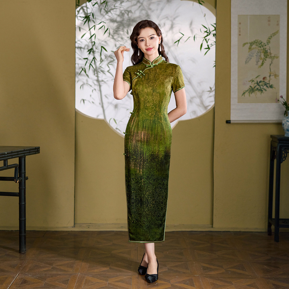100%桑蚕丝绿色印花长款旗袍礼服