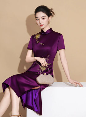 中式刺绣钉珠紫色醋酸旗袍礼服
