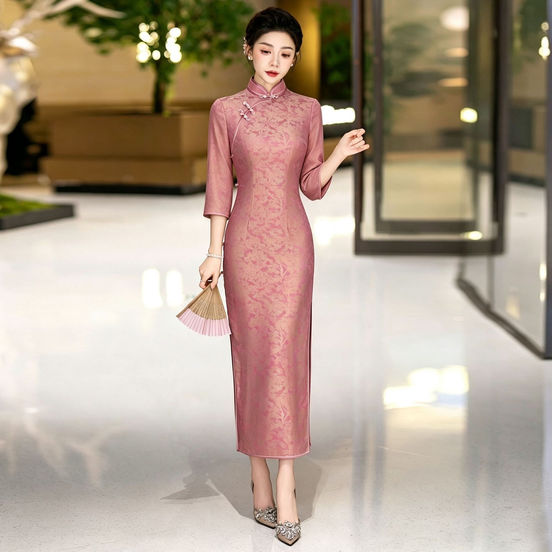 高端真丝桑蚕丝长款旗袍送考婚宴