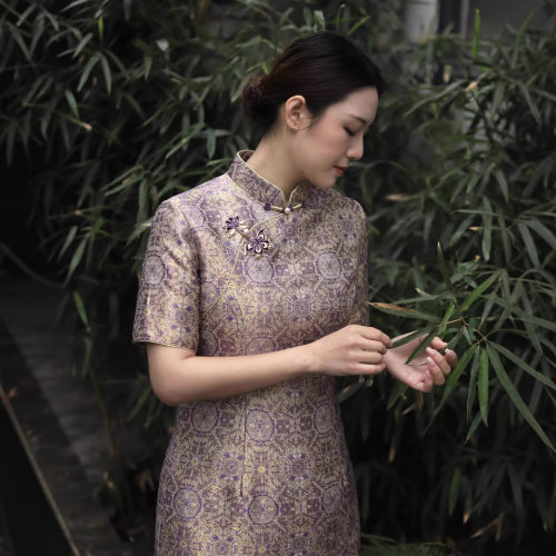 宋锦桑蚕丝长款旗袍礼服裙送考