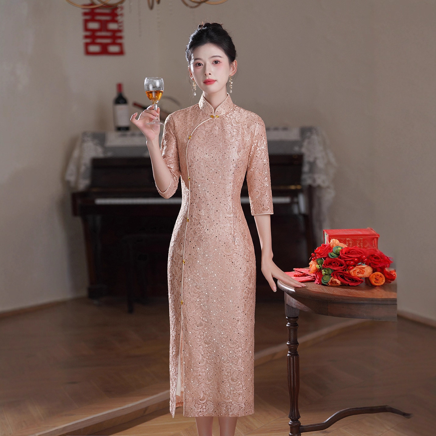2025新款 新中式粉色亮片蕾丝七分袖改良旗袍礼服裙子连衣裙