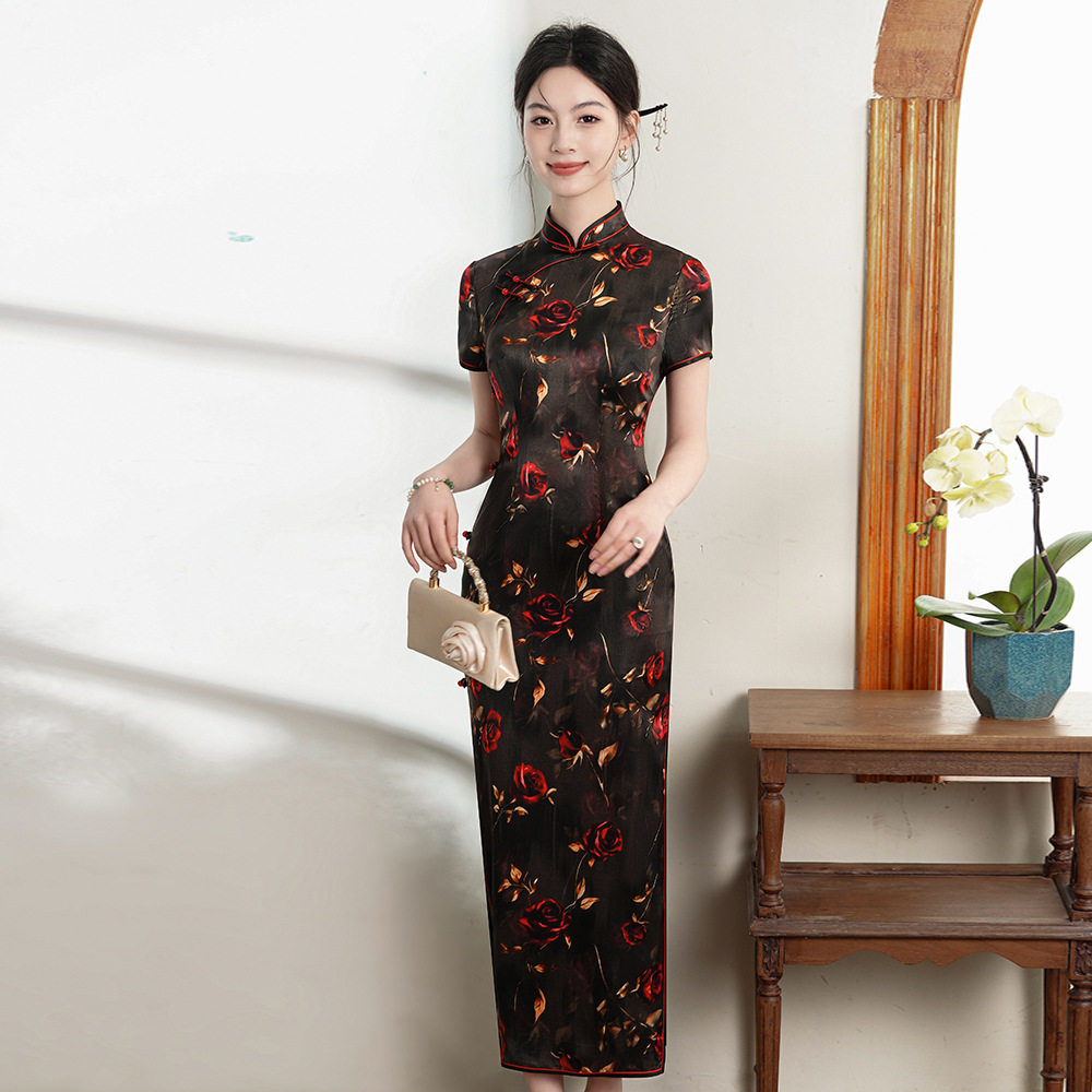 走秀款玫瑰花真丝桑蚕丝长款旗袍